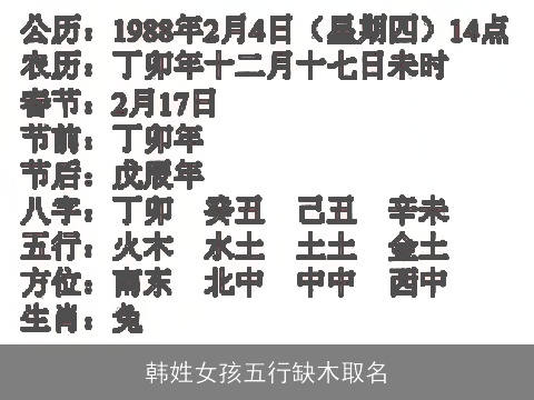韩姓女孩五行缺木取名