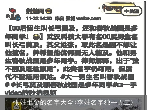 张姓土金的名字大全(李姓名字独一无二)