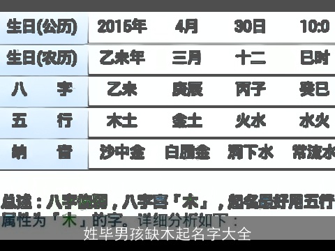 姓毕男孩缺木起名字大全