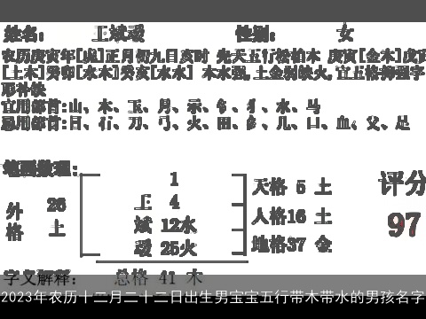 2023年农历十二月二十二日出生男宝宝五行带木带水的男孩名字