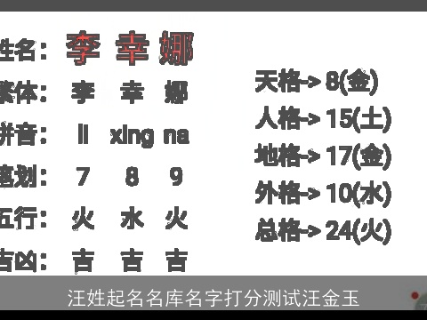 汪姓起名名库名字打分测试汪金玉